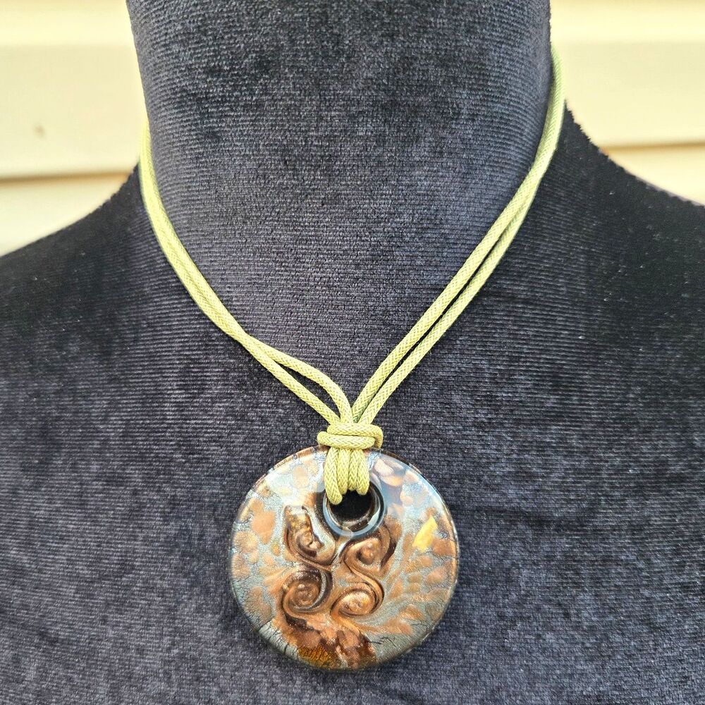 Hand Blown Glass Foil Swirl Pendant Necklace Pierced Earrings Green Cord